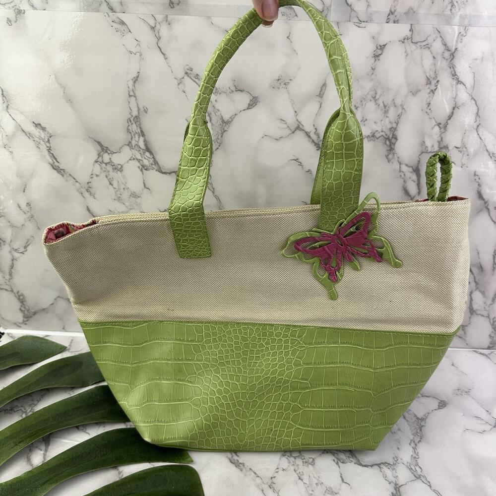 Stone Mountain Vintage Y2k Shoulder Bag Purse Green Pink Faux Leather Butterfly